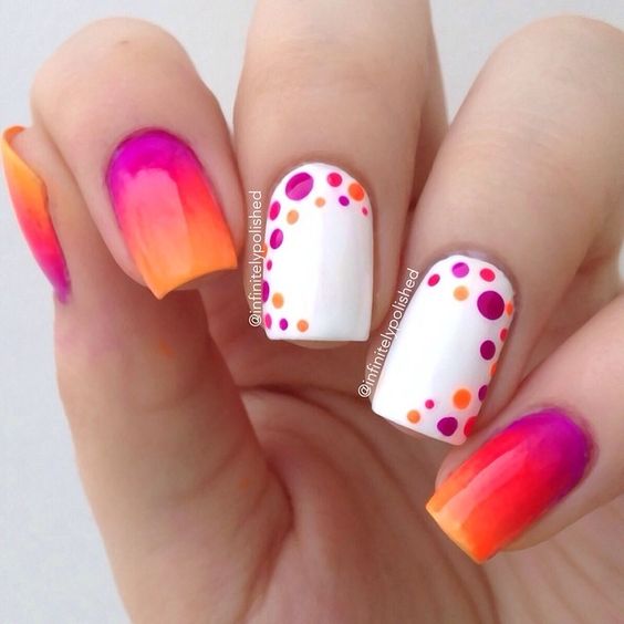 Pretty Orange and Pink Shade with Polka Dots Nail Art